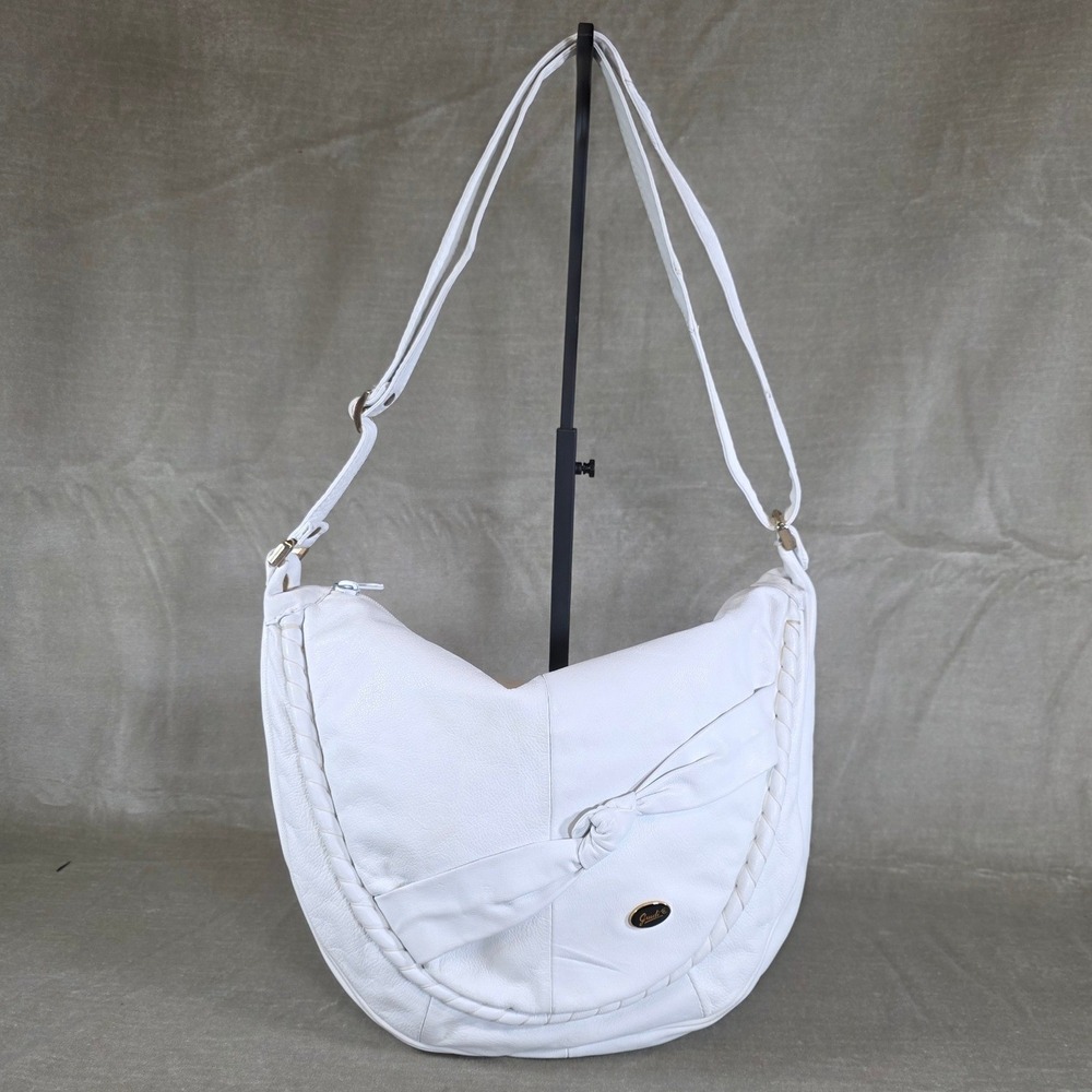Giudi Vintage White Italian Leather Hobo Bag Braided Bow Slouchy Shoulder Bag
